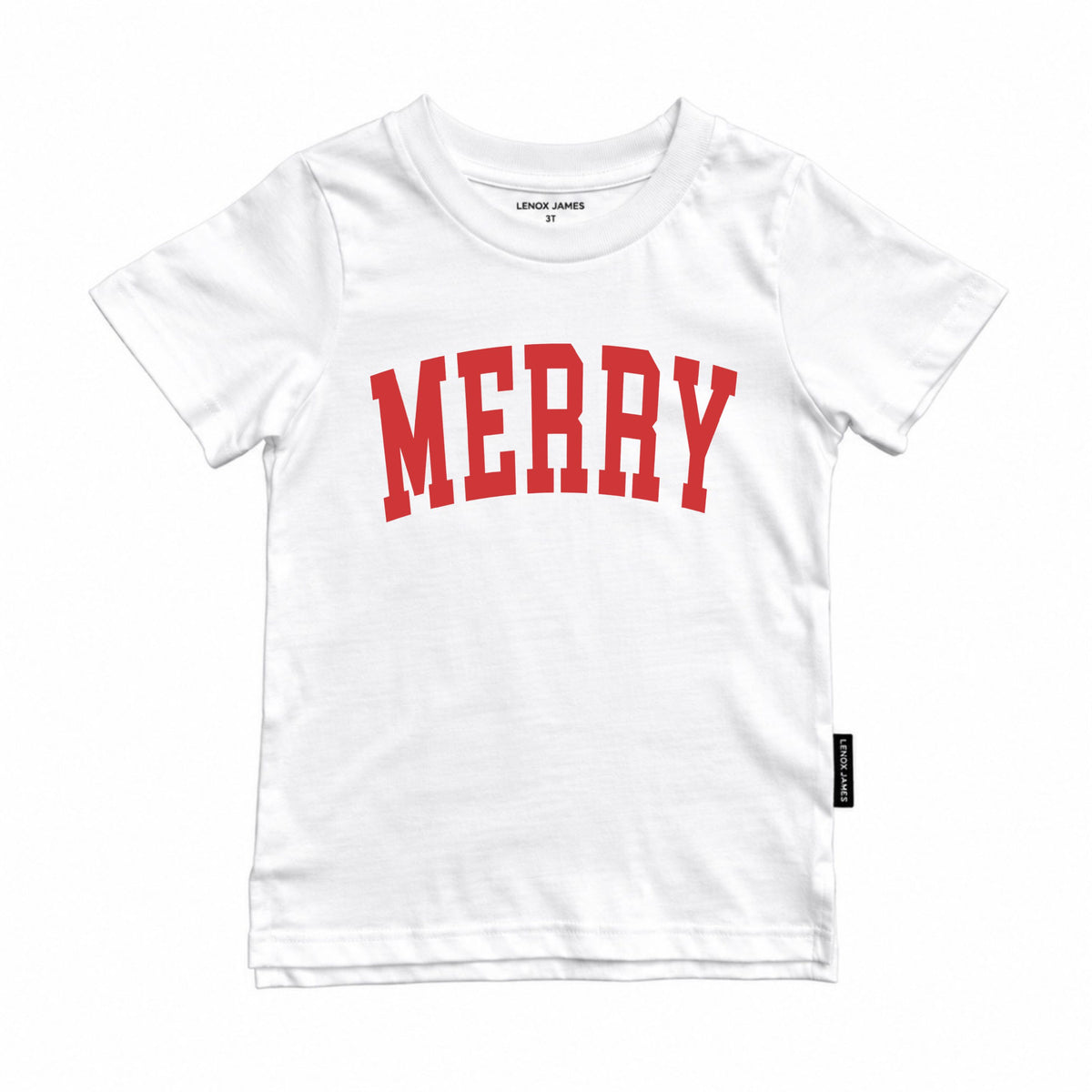 LENOX JAMES white Merry graphic short sleeve T-shirt for baby, toddler, and kids, featuring a holiday-inspired design and comfortable everyday style.