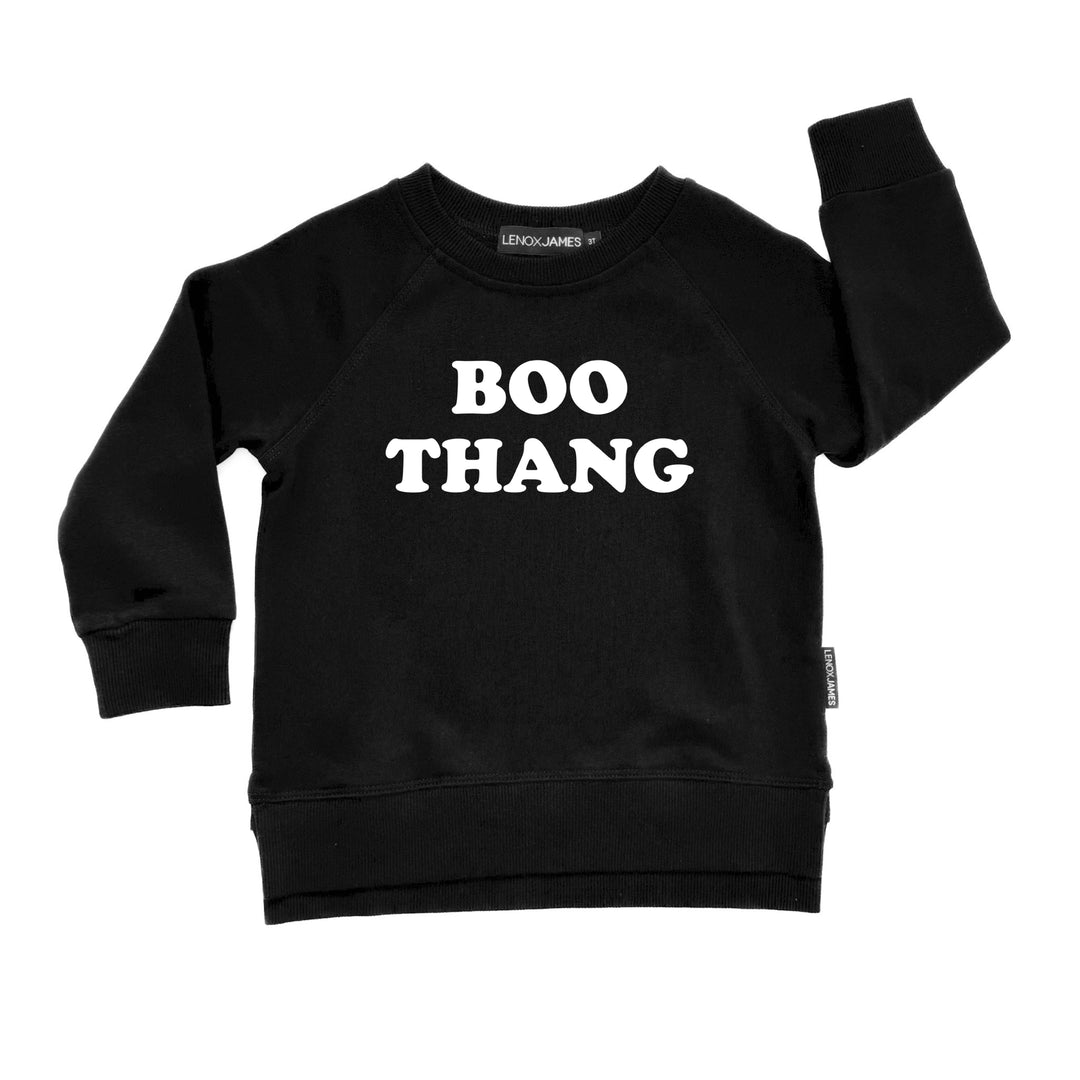 Black sweatshirt with 'BOO THANG' text on a white background