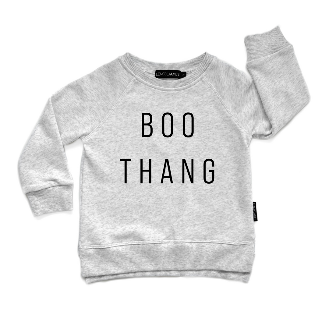 Gray sweatshirt with 'BOO THANG' text on a white background