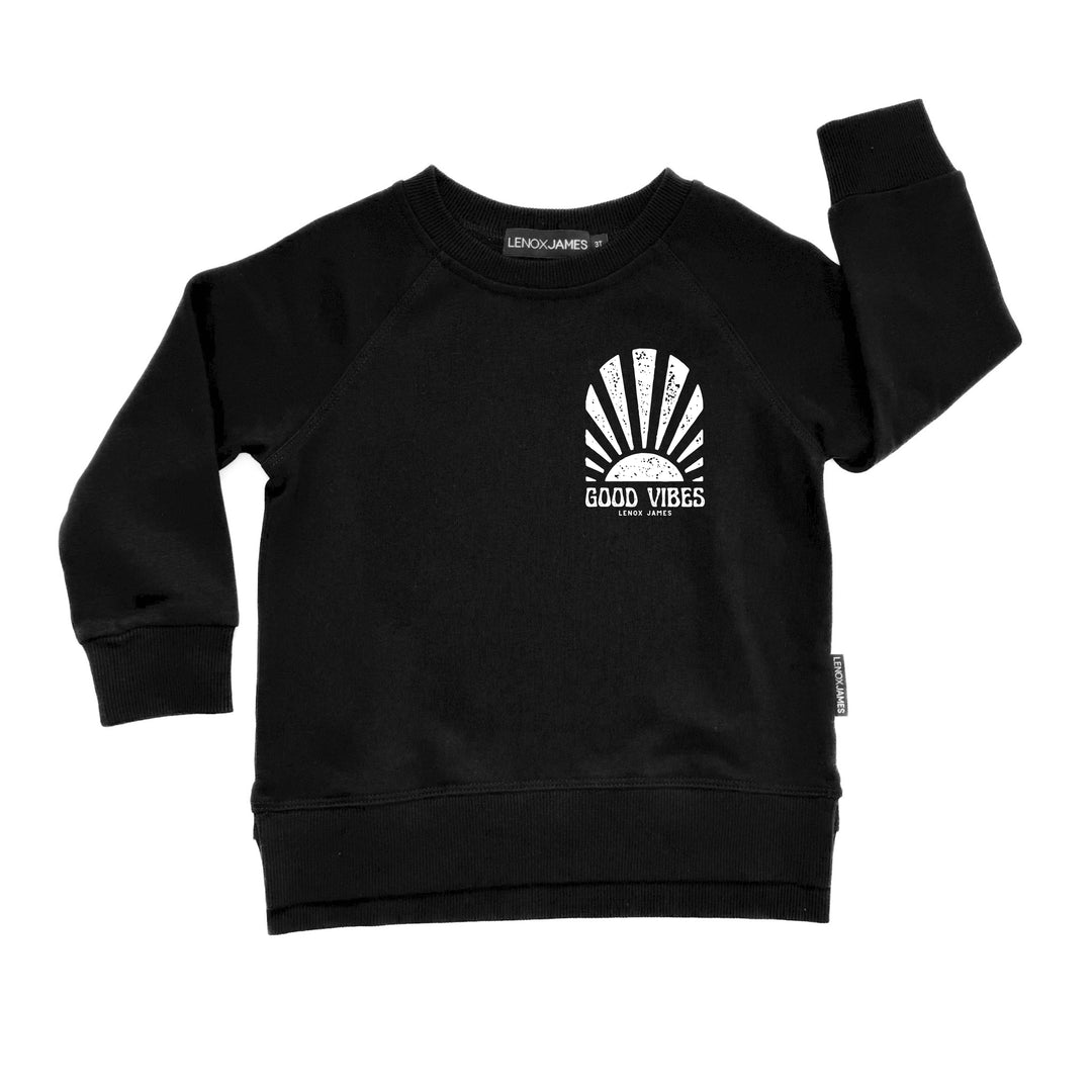 Black sweatshirt with a white "GOOD VIBES" graphic and text on a white background