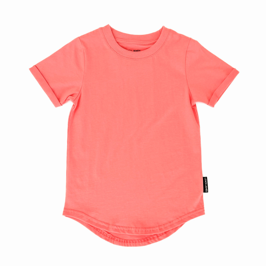Coral t-shirt with a brand tag on a white background