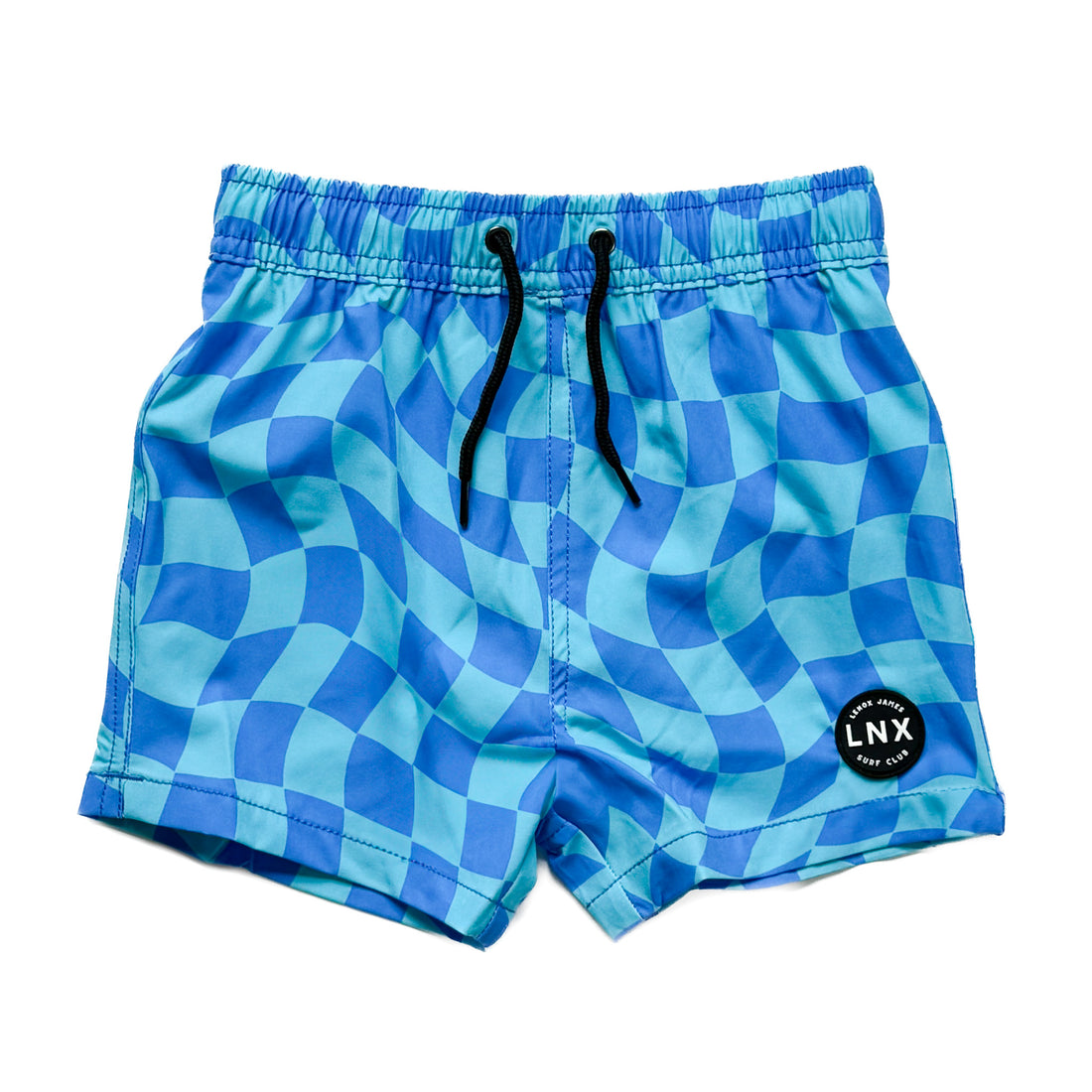 A pair of blue swim trunk shorts with a geometric wavy check pattern, featuring a functional drawstring waist.