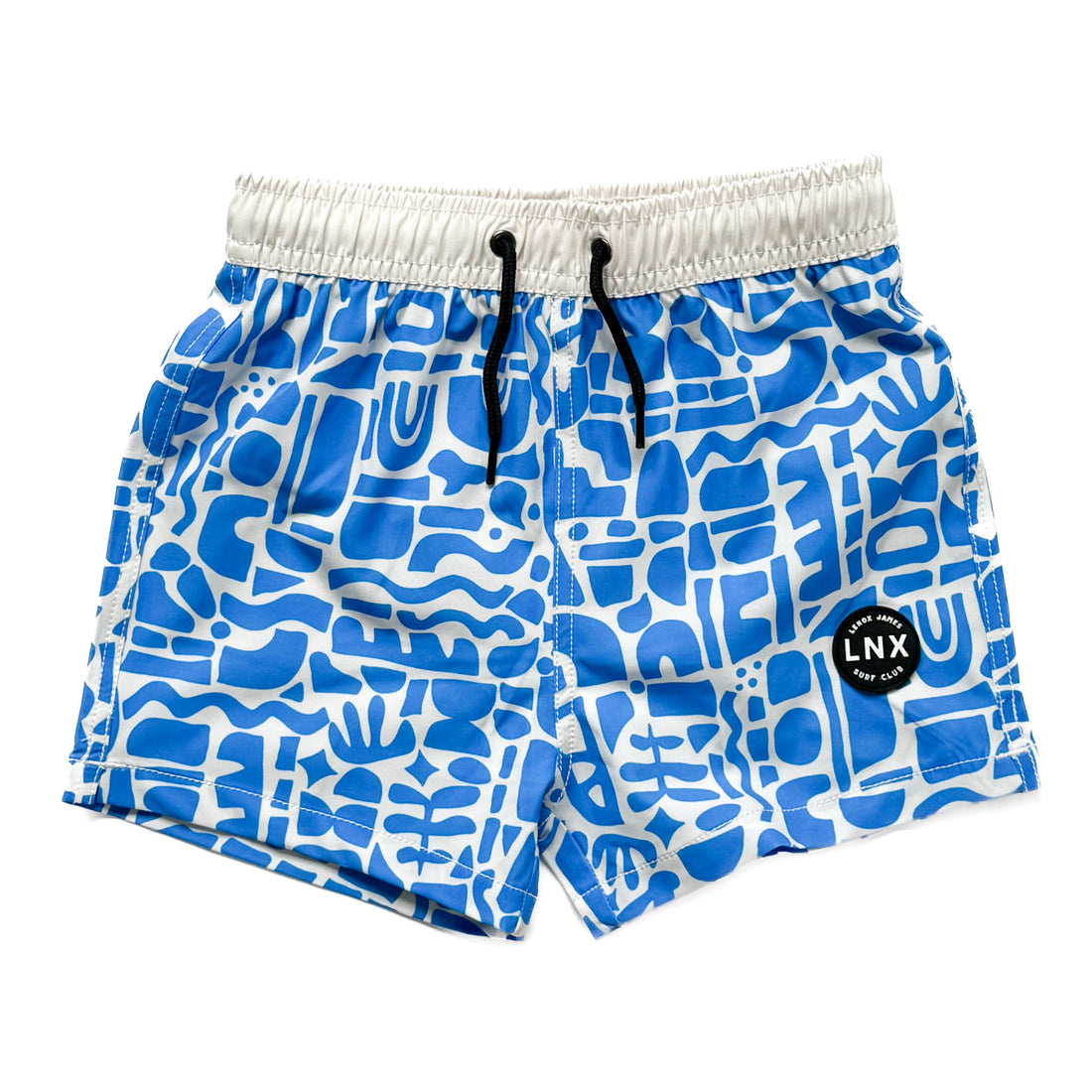 A pair of blue swim trunks with a geometric pattern, featuring a functional drawstring waist and a soft mesh spandex liner.
