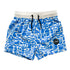 A pair of blue swim trunks with a geometric pattern, featuring a functional drawstring waist and a soft mesh spandex liner.