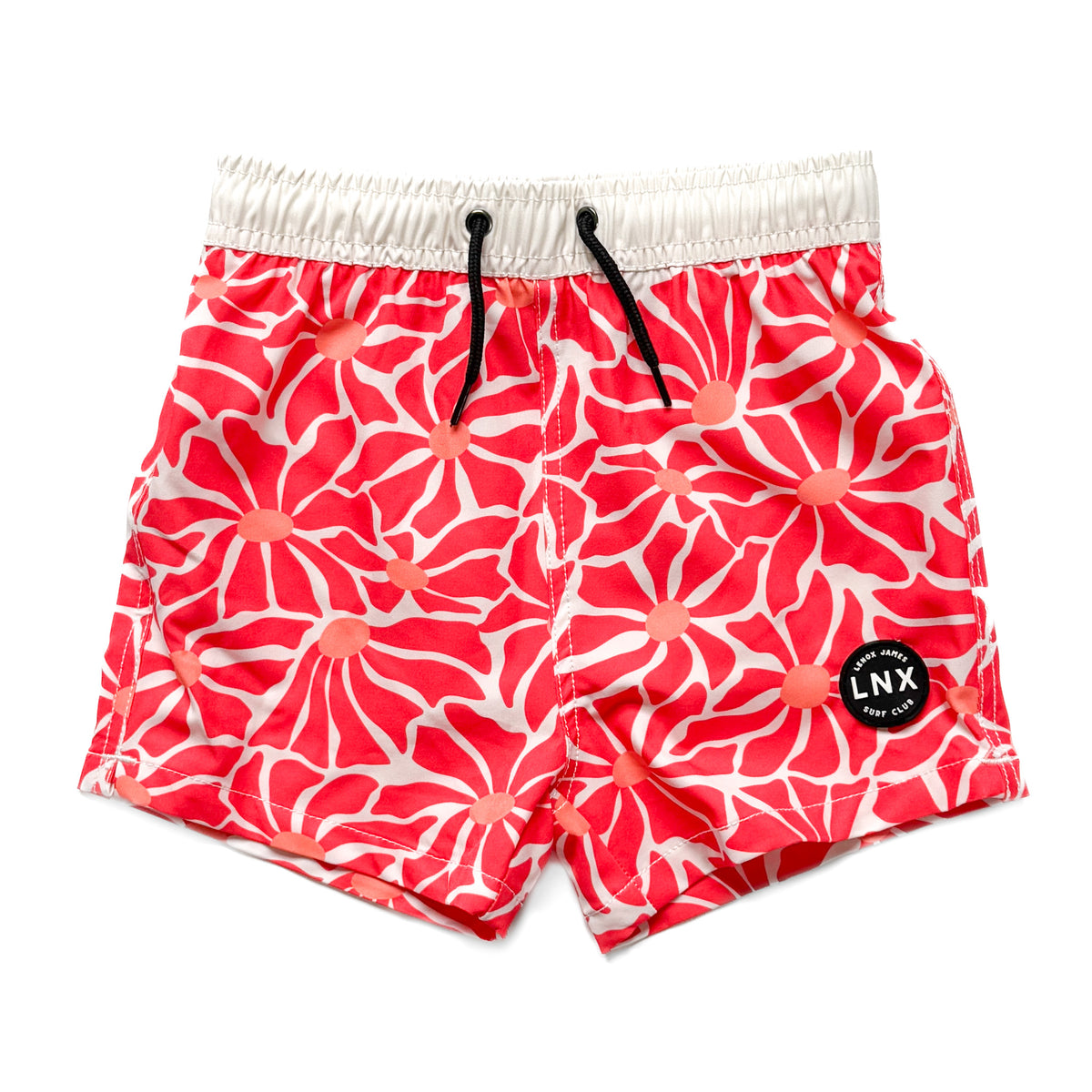 A pair of red swim trunk shorts with a geometric pattern, featuring a functional drawstring waist.