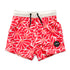 A pair of red swim trunk shorts with a geometric pattern, featuring a functional drawstring waist.