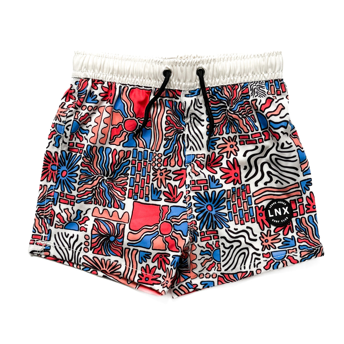 A pair of swim trunk shorts with a multicolored geometric pattern, featuring a functional drawstring waist.