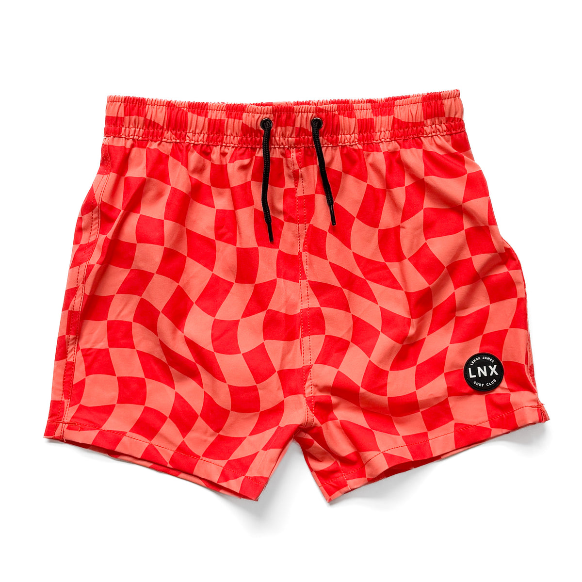 A pair of orange swim trunk shorts with a wavy checkered pattern and a drawstring waist.