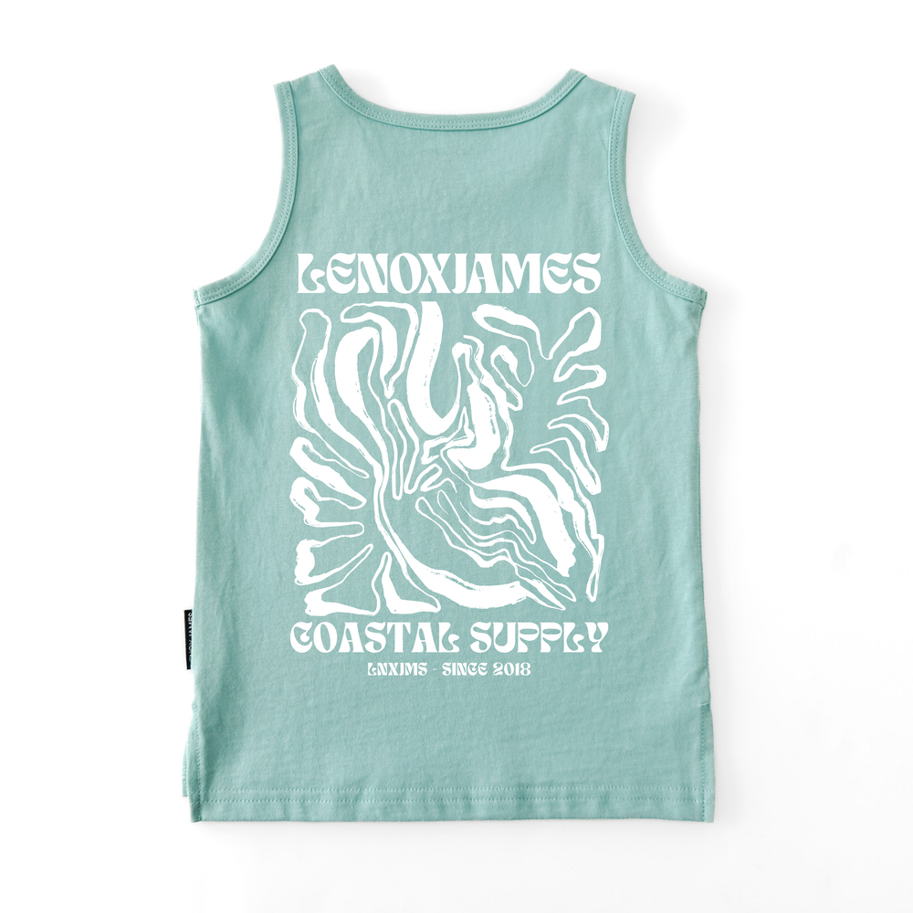 Light blue tank top with white LENOX JAMES COASTAL SUPPLY graphic design and text on a white background