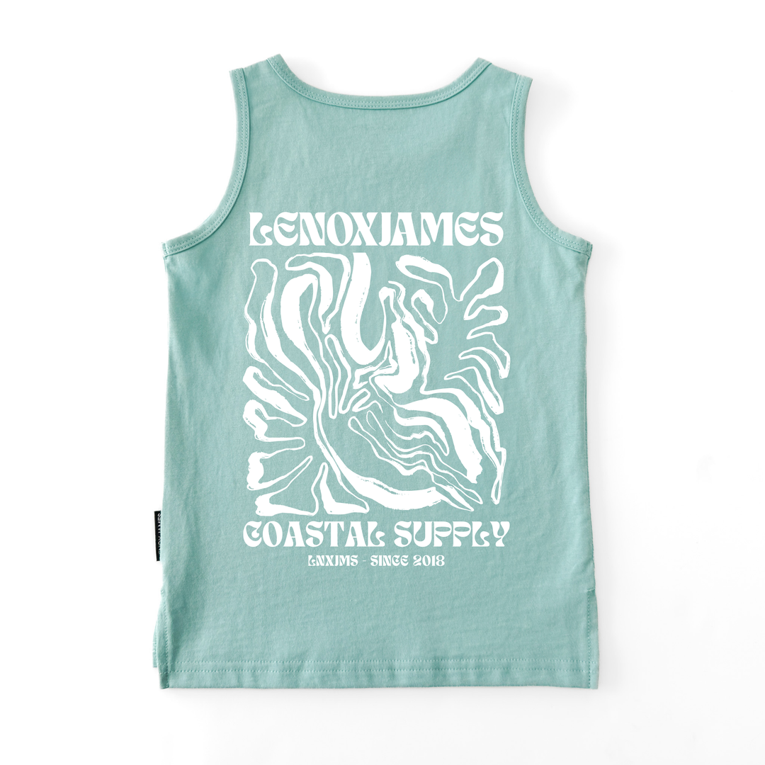 Light blue tank top with white LENOX JAMES COASTAL SUPPLY graphic design and text on a white background
