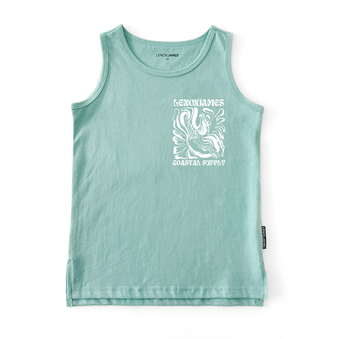 Light blue tank top with white 'LENOX JAMES COASTAL SUPPLY ' graphic and text on a white background
