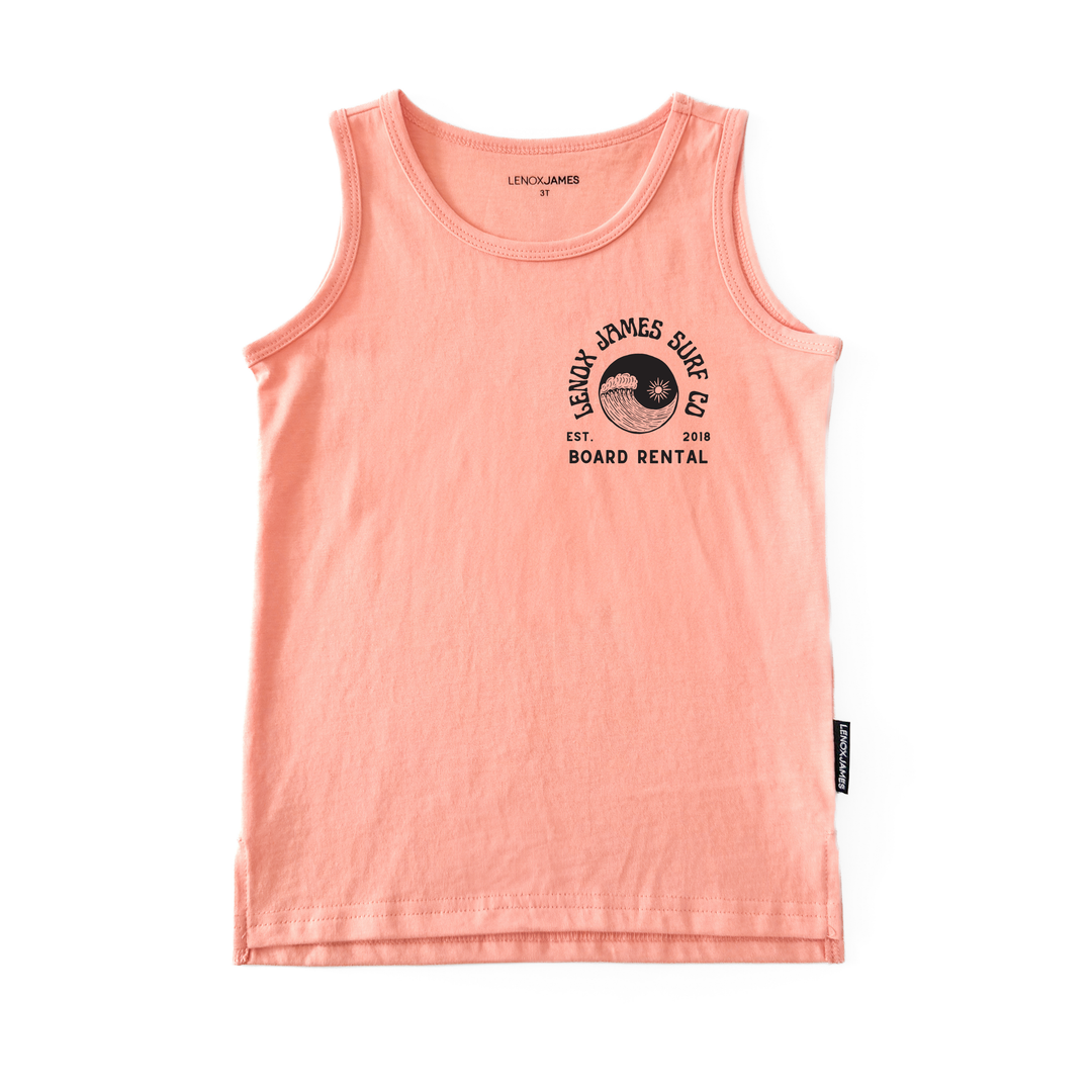 Bright orange tank top with a logo and LENOX JAMES SURF CO BOARD RENTAL  text on a white background