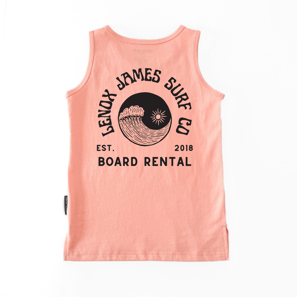 Bright orange tank top with a logo and LENOX JAMES SURF CO BOARD RENTAL  text on a white background