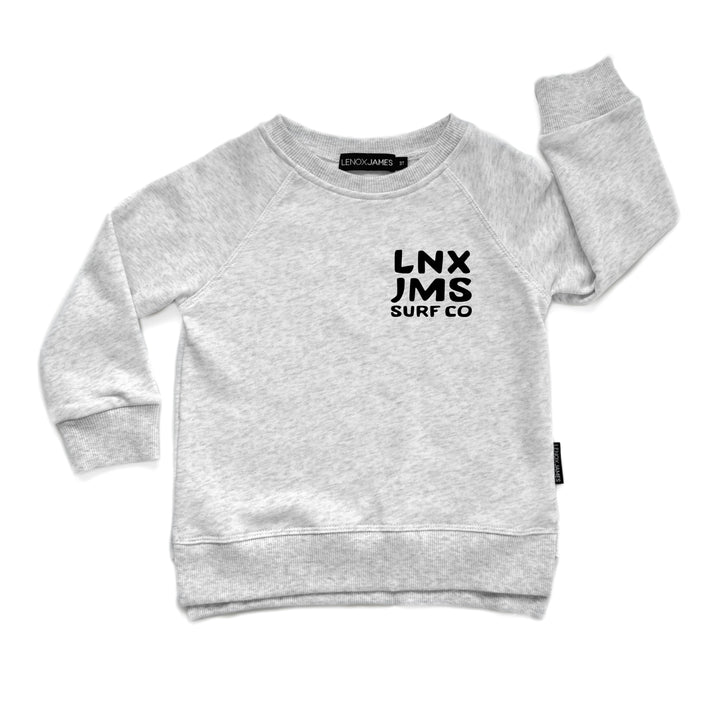 Gray sweatshirt with 'LNX JMS SURF CO' text on a white background