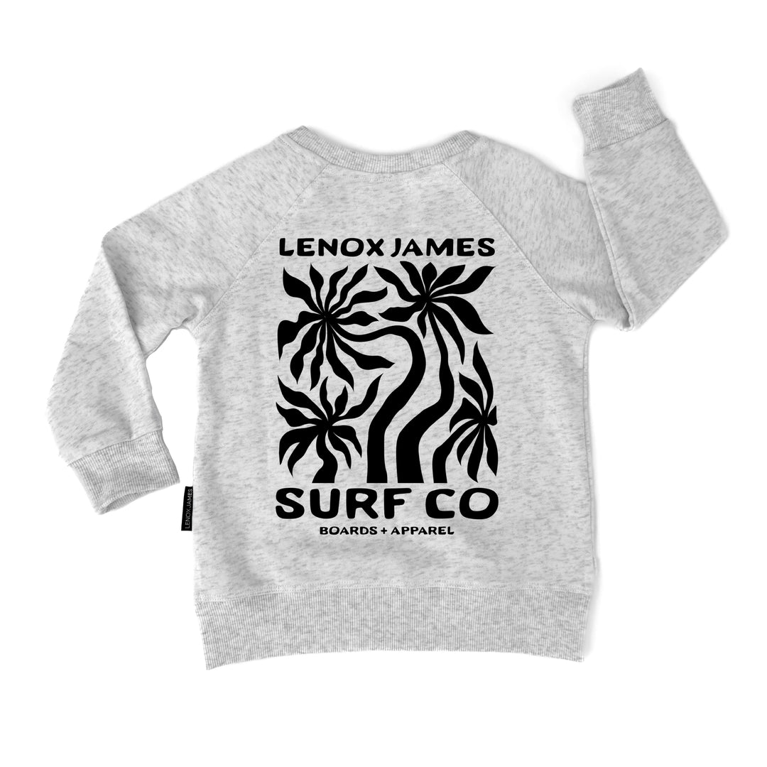 Gray sweatshirt with black graphic design and text on a white background