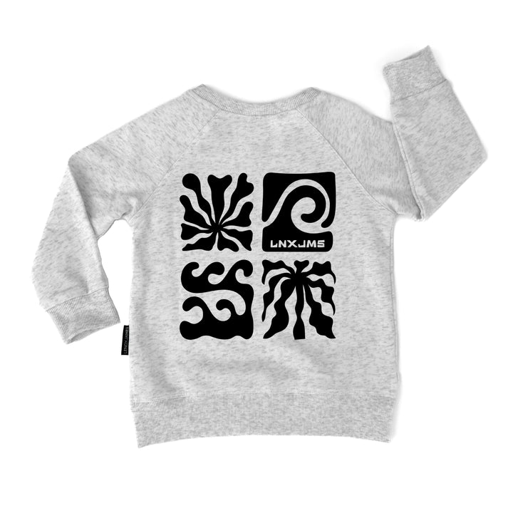 Gray sweatshirt with black abstract patterns and 'LNXJMS' branding on a white background