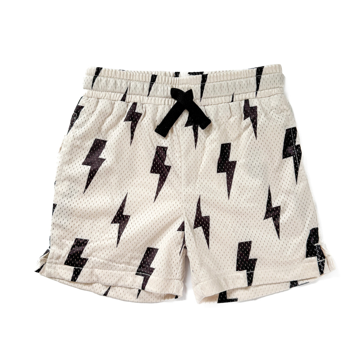 Shorts with black lightning bolt pattern on a white background