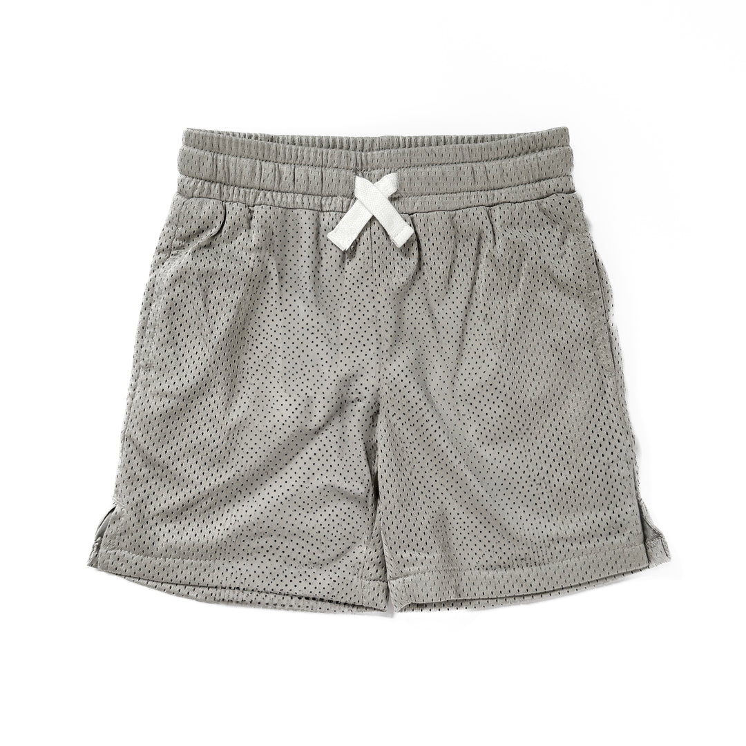 Gray shorts with a white drawstring on a white background