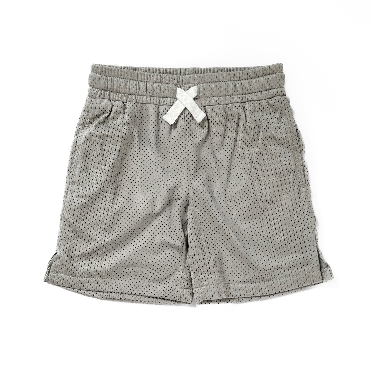 Gray shorts with a white drawstring on a white background