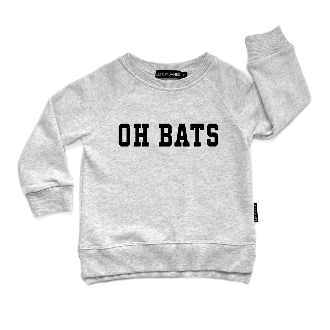 Gray sweatshirt with 'OH BATS' text on a white background
