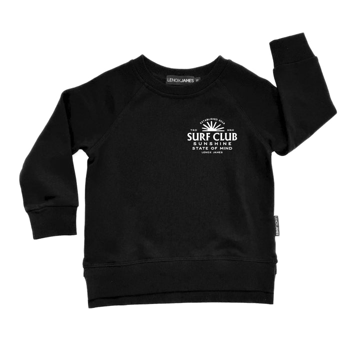 Black sweatshirt with a white 'SURF CLUB' logo on a white background