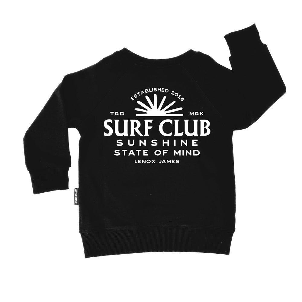 Black sweatshirt with white 'SURF CLUB' text and logo on a white background