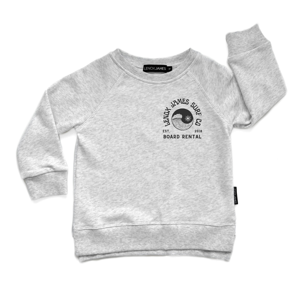 Gray sweatshirt with a logo and text on a white background