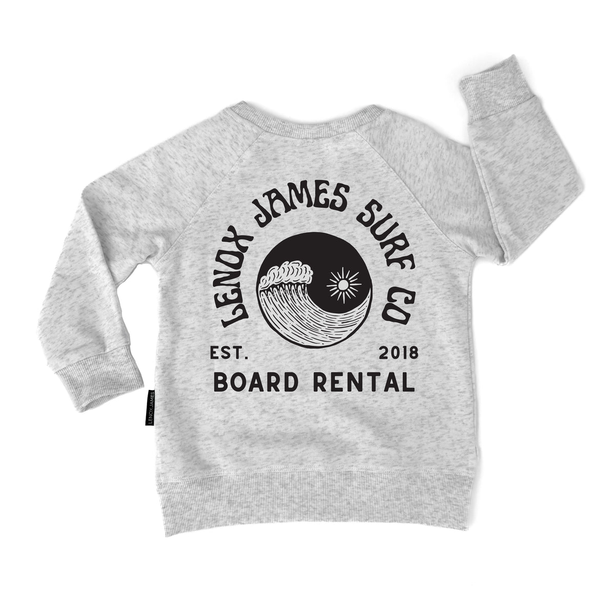 Gray sweatshirt with Lenox James Surf Co logo on a white background