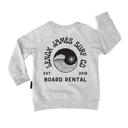 Gray sweatshirt with Lenox James Surf Co logo on a white background