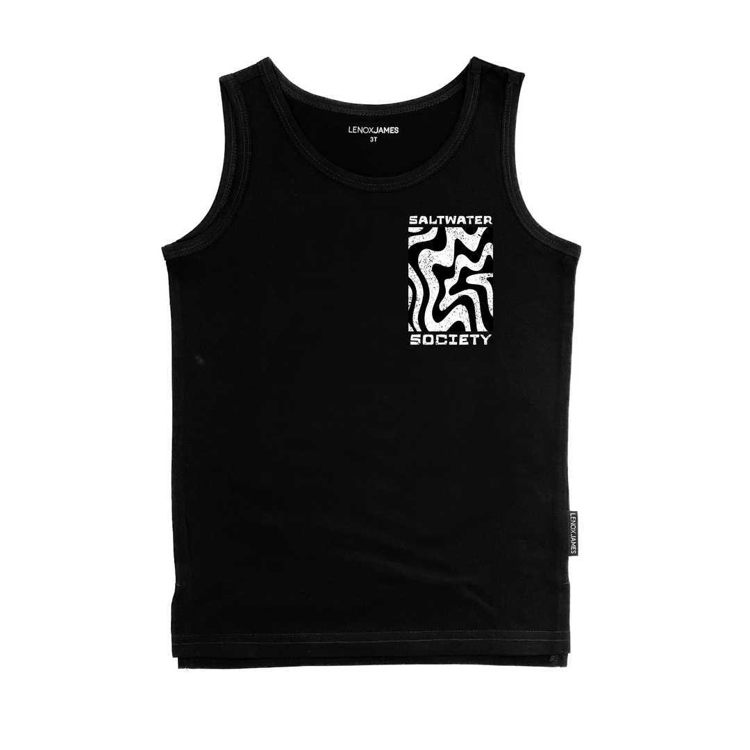 Black tank top with white 'Saltwater Society" graphic and text on a white background