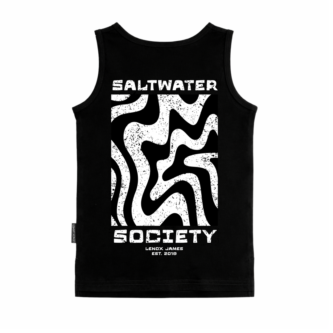Black tank top with white graphic design and text on a white background