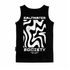 Black tank top with white graphic design and text on a white background