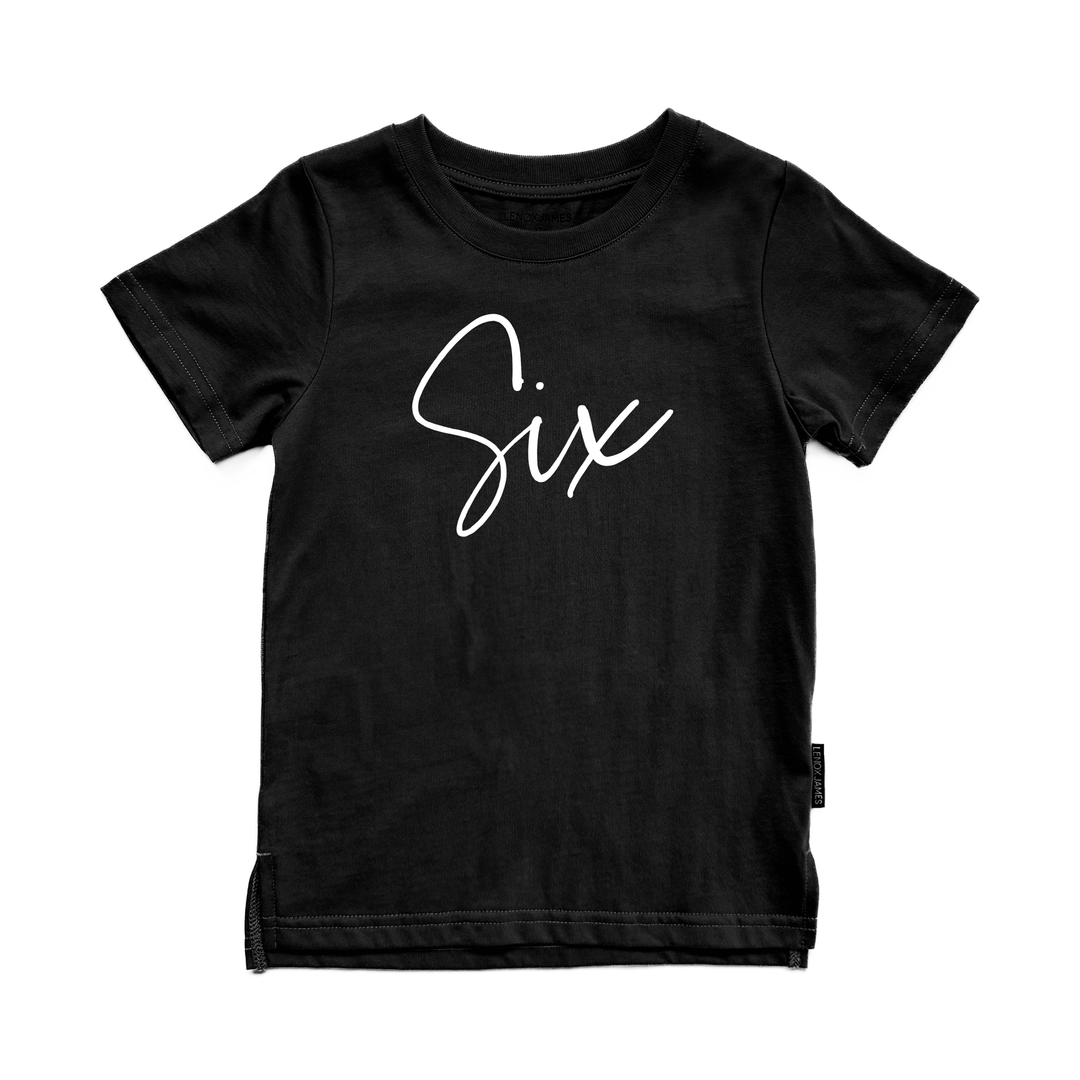 Black t-shirt with 'Six' printed in white on a white background