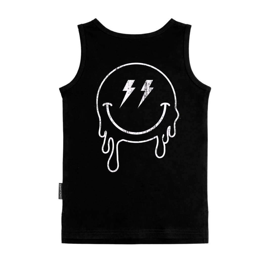 Black tank top with white Smiley graphic design on a white background