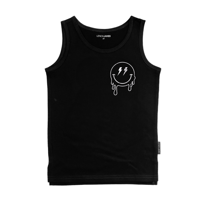 Black tank top with a white smiley graphic design on a white background