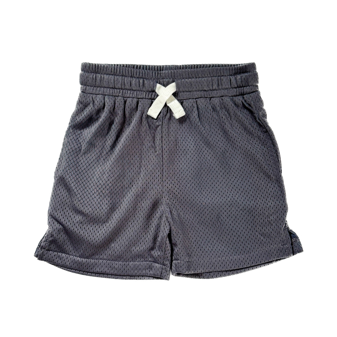 Dark gray shorts with a white drawstring on a white background