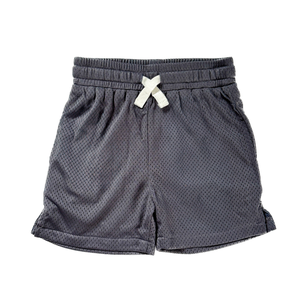 Dark gray shorts with a white drawstring on a white background