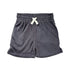 Dark gray shorts with a white drawstring on a white background