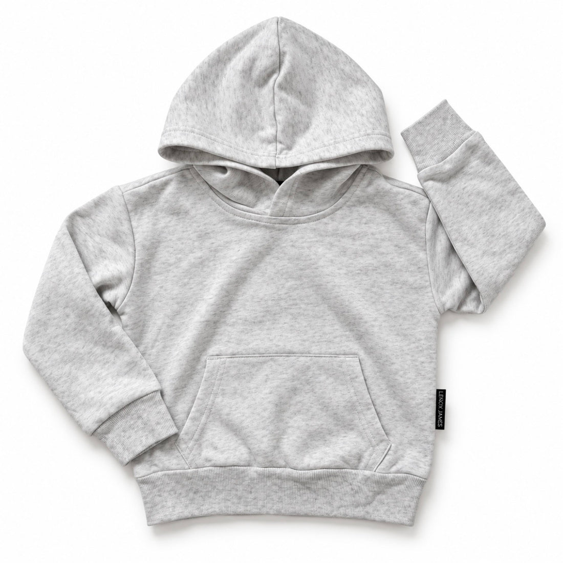 Front flat lay of LENOX JAMES kids hoodie in light heather gray, featuring a kangaroo pocket, ribbed cuffs and hem.
