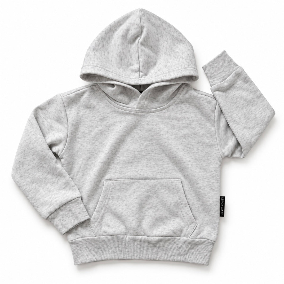 Front flat lay of LENOX JAMES kids hoodie in light heather gray, featuring a kangaroo pocket, ribbed cuffs and hem.