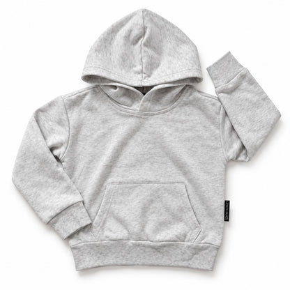 Front flat lay of LENOX JAMES kids hoodie in light heather gray, featuring a kangaroo pocket, ribbed cuffs and hem.