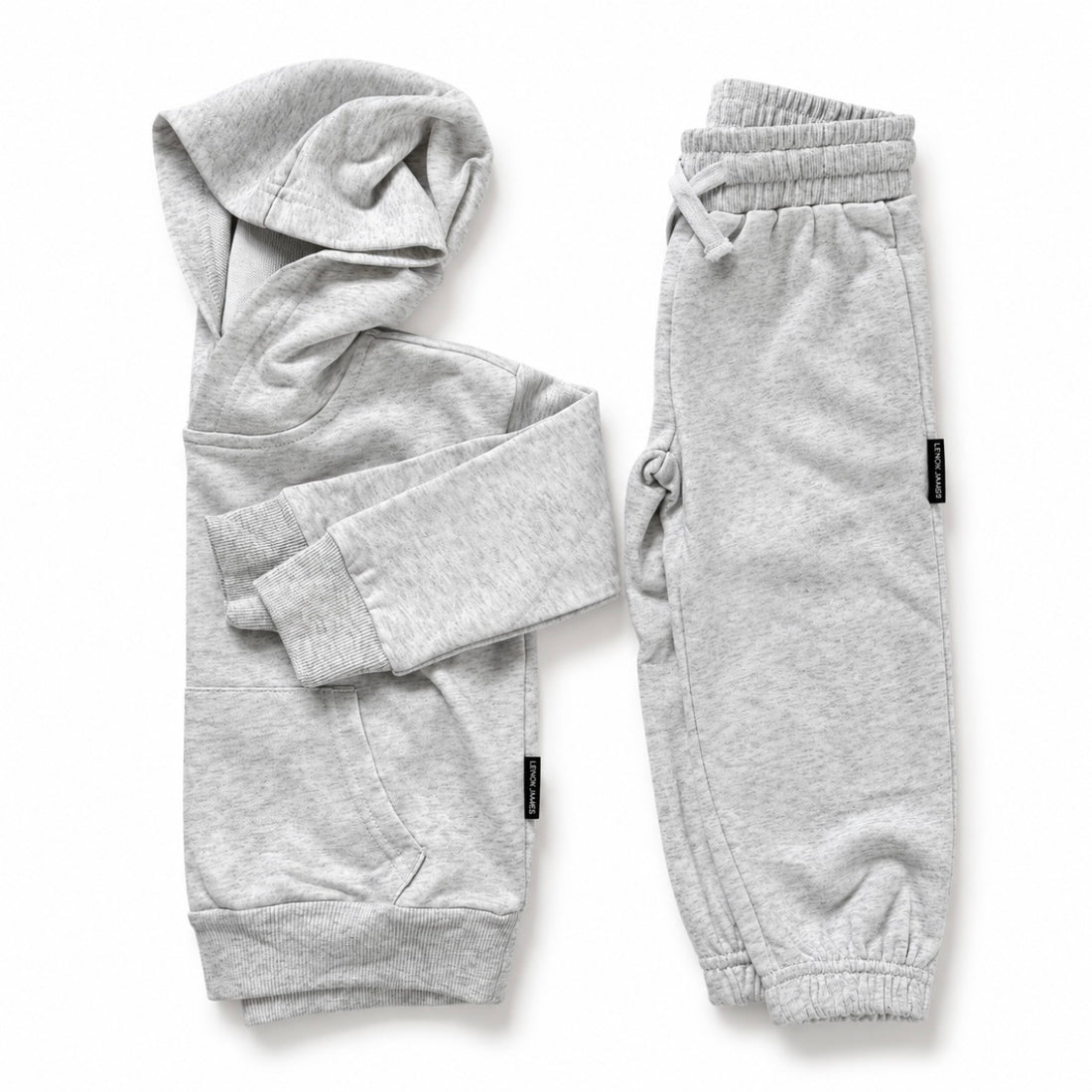 LENOX JAMES kids hoodie in light heather gray styled alongside matching joggers as a coordinated two-piece outfit.