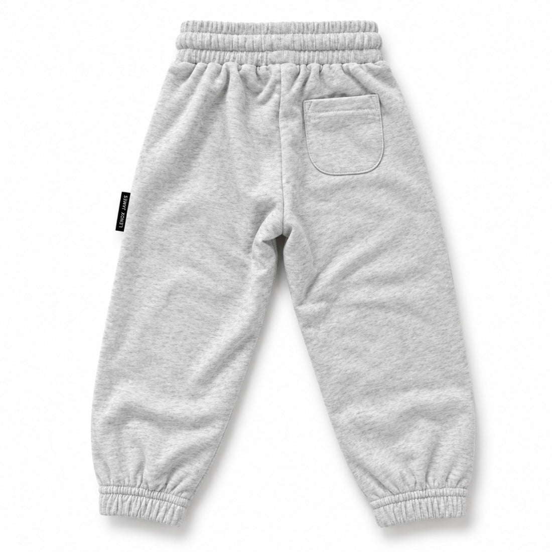 Back view of LENOX JAMES kids joggers in light heather gray, showing the rear patch pocket, elastic waistband and gathered cuffs.