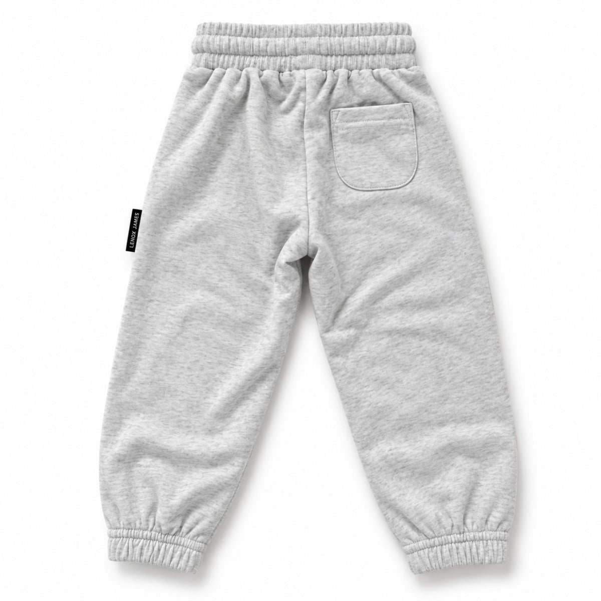 Back view of LENOX JAMES kids joggers in light heather gray, showing the rear patch pocket, elastic waistband and gathered cuffs.