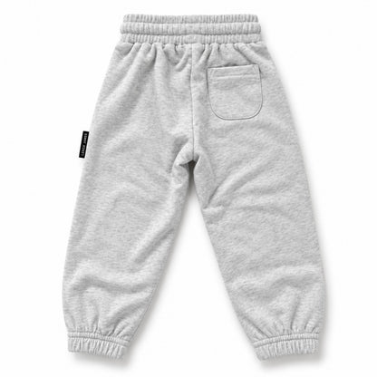 Back view of LENOX JAMES kids joggers in light heather gray, showing the rear patch pocket, elastic waistband and gathered cuffs.