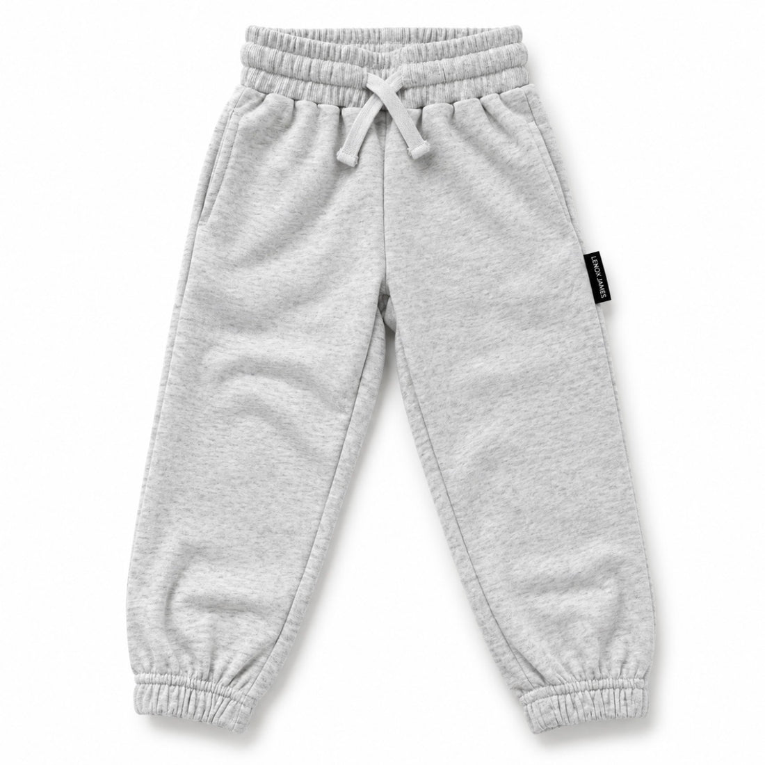 Front view of LENOX JAMES kids joggers in light heather gray, with an elastic drawstring waist, side pockets and cuffed ankles.