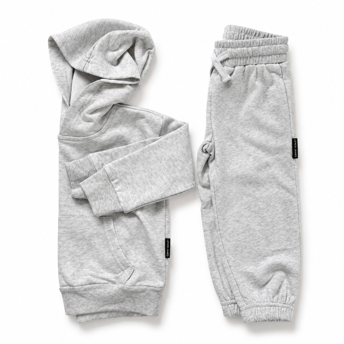 LENOX JAMES kids joggers in light heather gray displayed with the matching hoodie, showing the complete coordinated set.