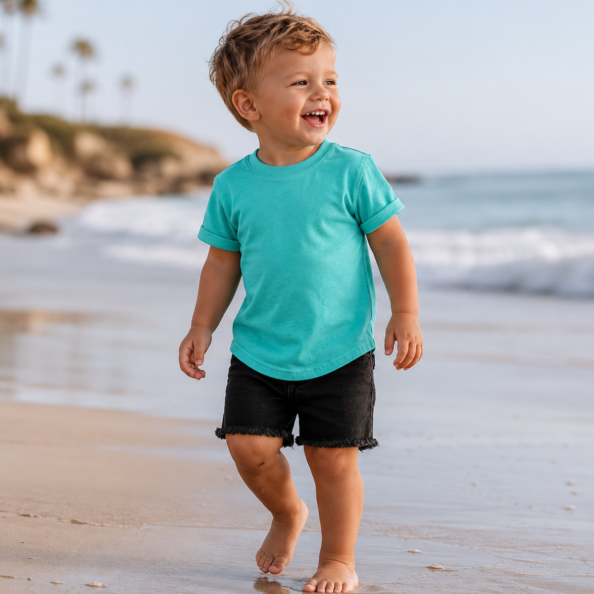 Toddler wearing LENOX JAMES bright blue cotton crewneck basic tee