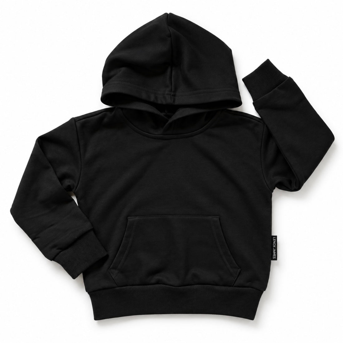 Front flat lay of LENOX JAMES kids hoodie in black, featuring a kangaroo pocket, ribbed cuffs and hem.