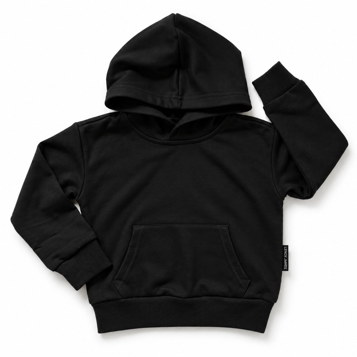 Front flat lay of LENOX JAMES kids hoodie in black, featuring a kangaroo pocket, ribbed cuffs and hem.